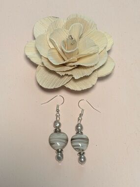 Silver and Gray Striped Glass Bead Drop Earrings - Women Jewelry